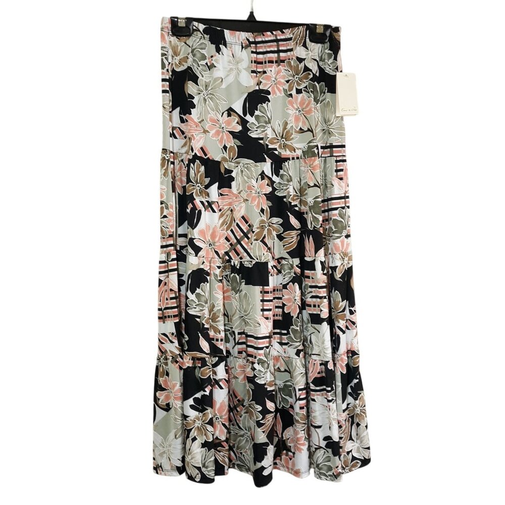 Emi & Joe Women L Midi Skirt Floral & Plaid Print Lightweight Polyester Spandex